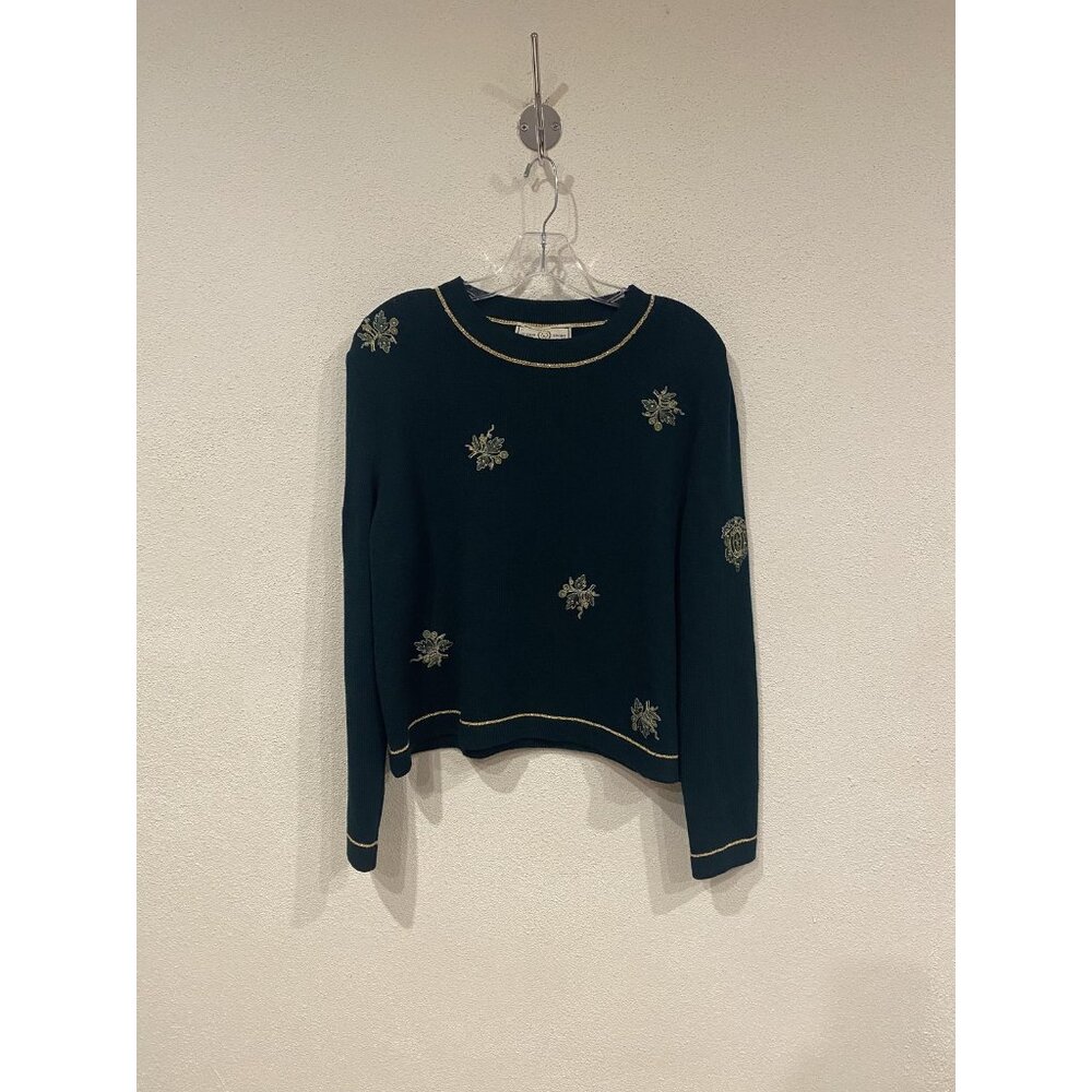 St John Sport Sweater Womens Large Green Floral Embroidered Knit Logo Crewneck